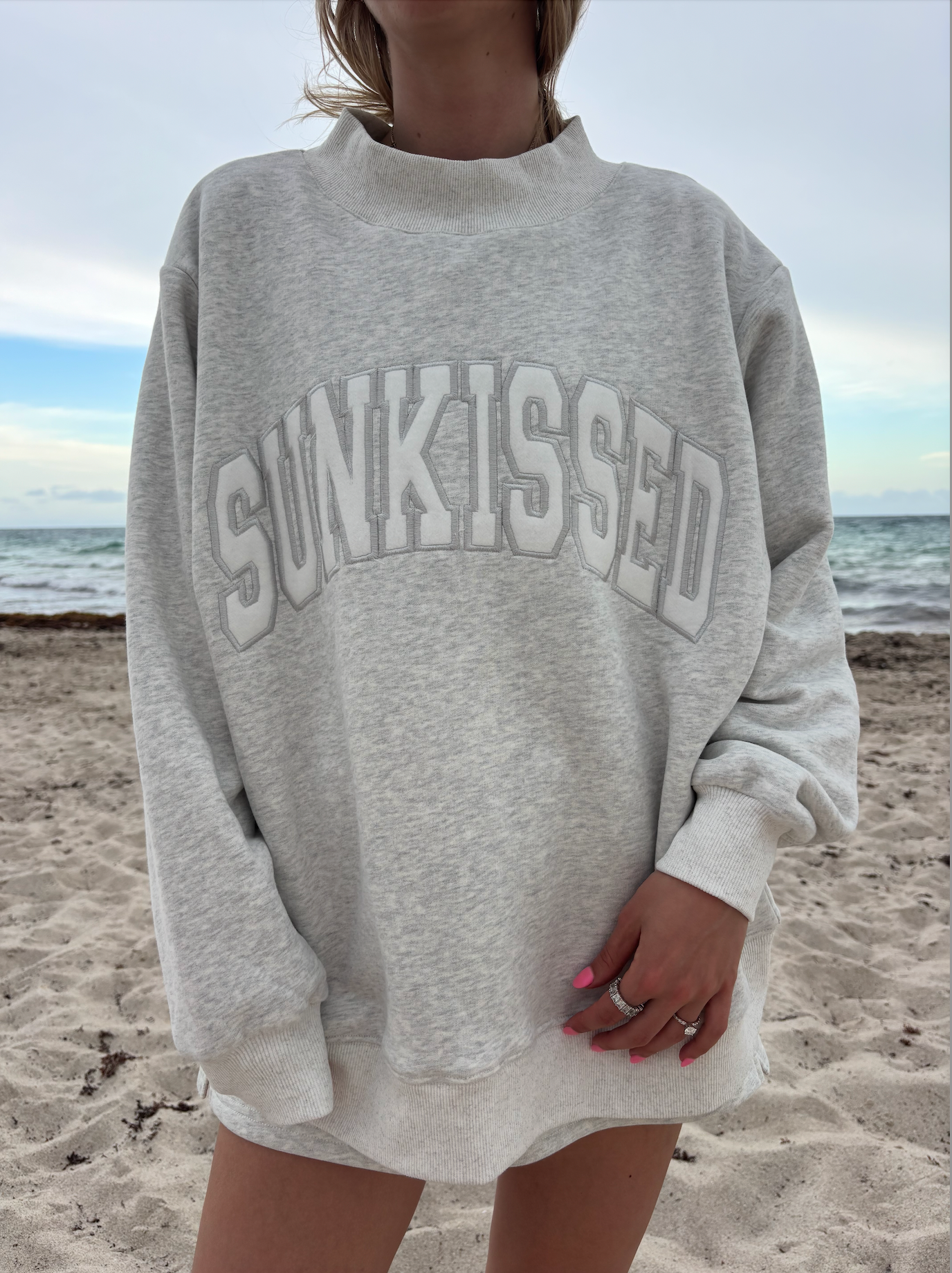 Pearl Grey Varsity Sunkissed Embroidered Mockneck